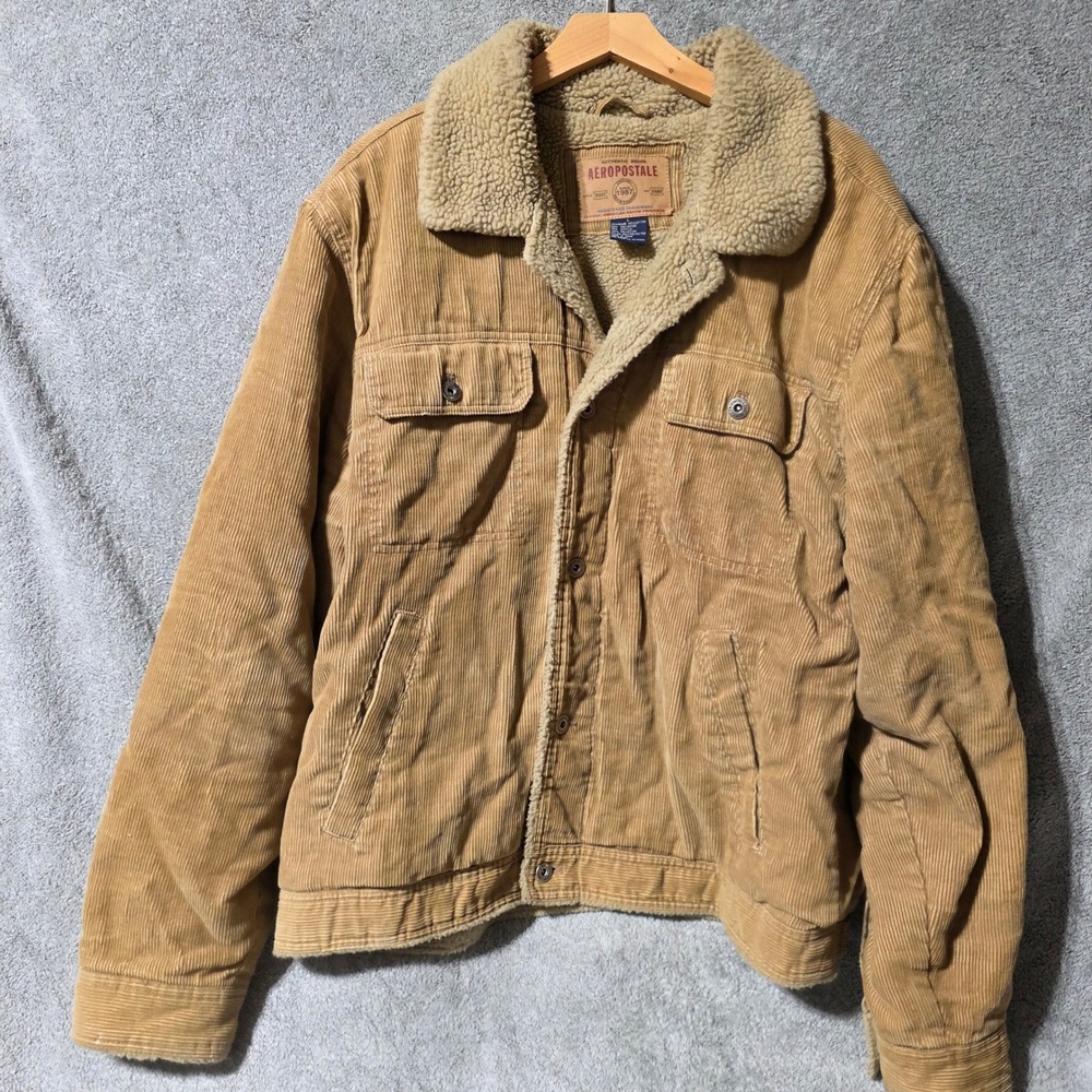 Aeropostale Mens Tan Corduroy Sherpa Lined Trucker Jacket Style 9017 Large